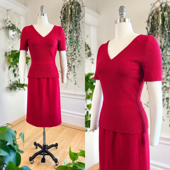 Vintage 1950s Knit Set 50s Red Wool Sweater Top Skirt Matching Two Piece - Picture 1 of 8